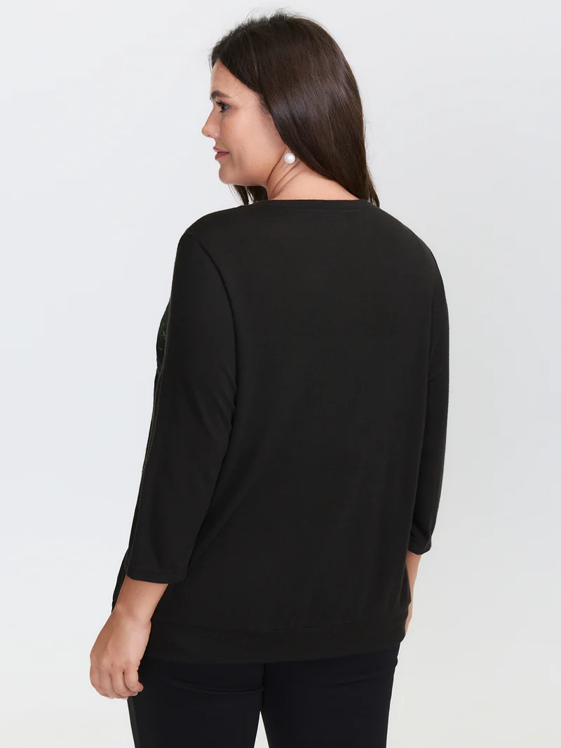 Floral Embroidery Stretch Knit Button Top