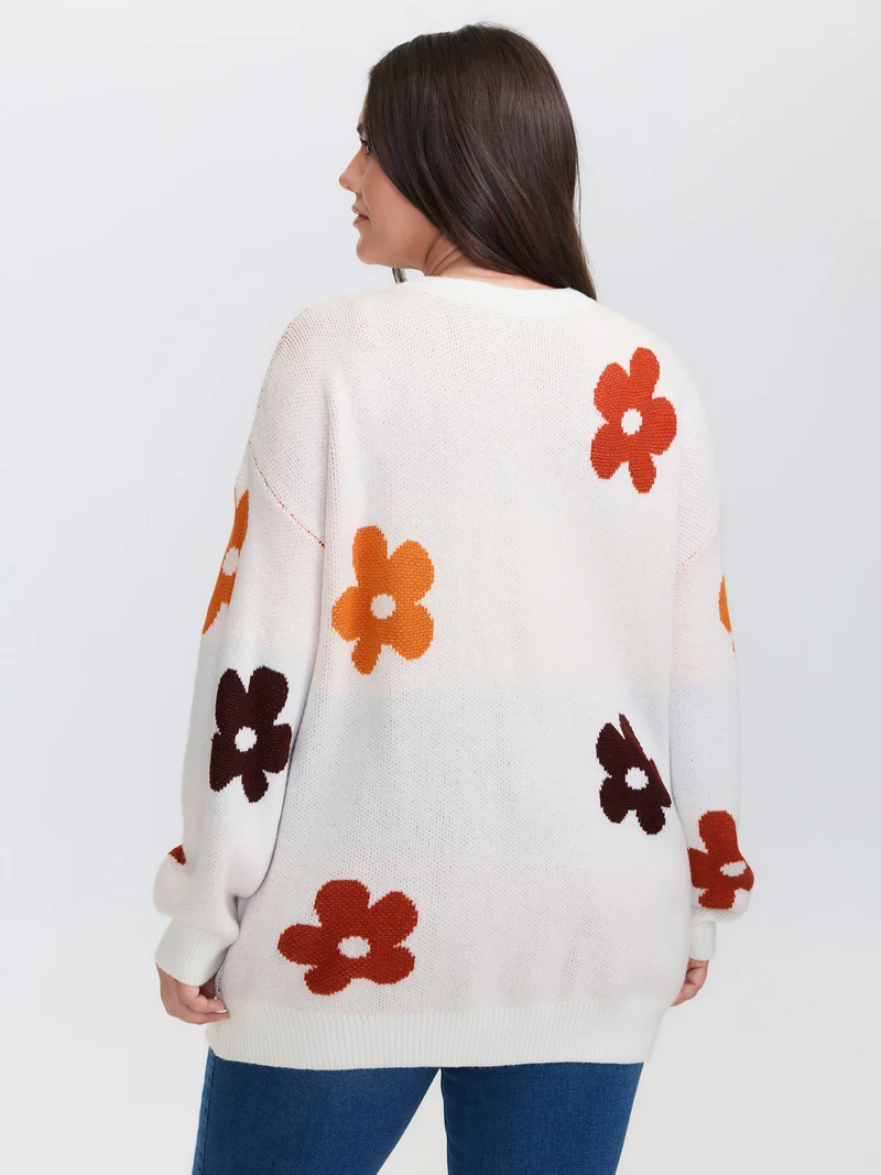Floral Print Pockets Button-Front Knit Cardigan