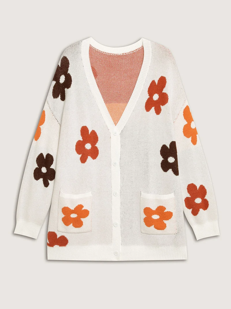 Floral Print Pockets Button-Front Knit Cardigan