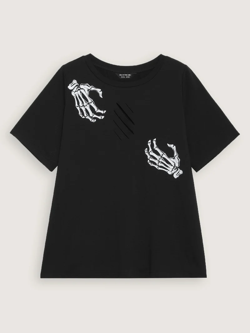 Skeleton Hands Print Cut-Out Solid T-Shirt