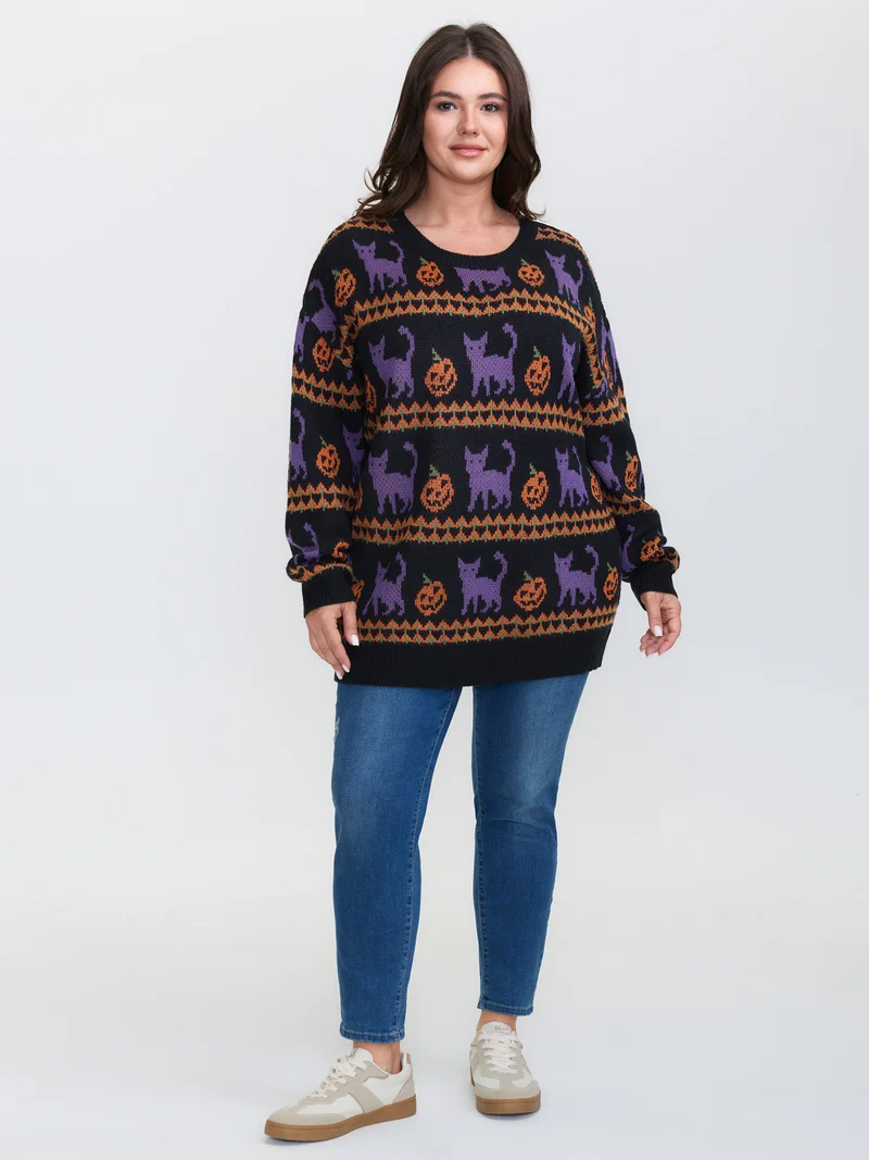 Cat Halloween Print Cozy Pullover