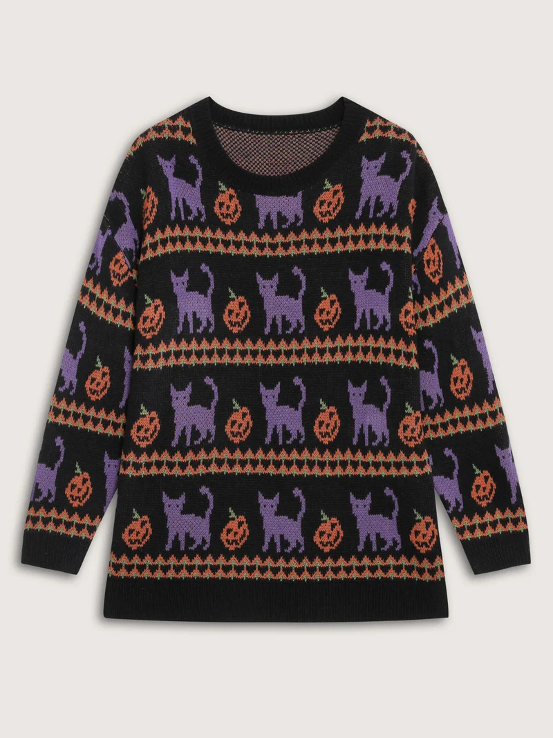 Cat Halloween Print Cozy Pullover