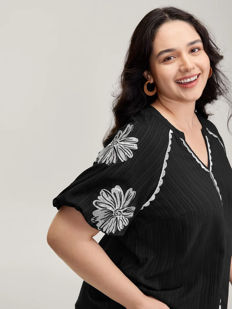 Textured Floral Embroidered Notched Collar Blouse