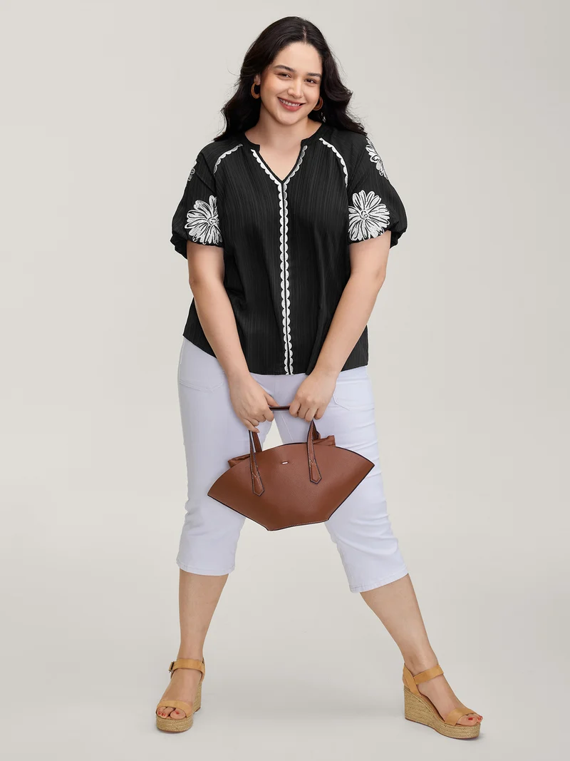 Textured Floral Embroidered Notched Collar Blouse