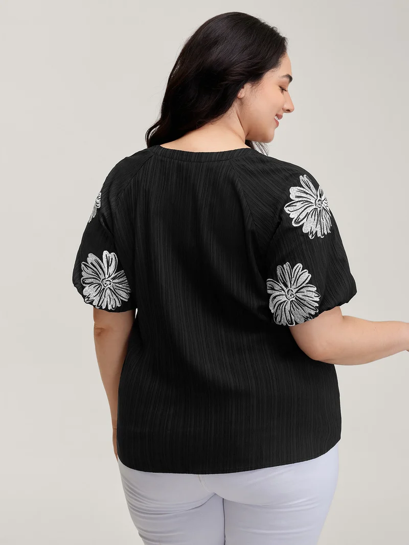 Textured Floral Embroidered Notched Collar Blouse