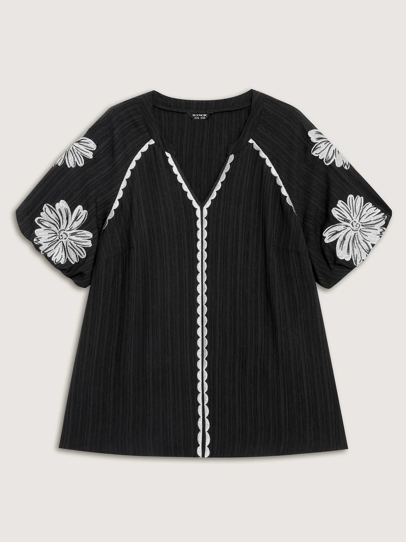 Textured Floral Embroidered Notched Collar Blouse