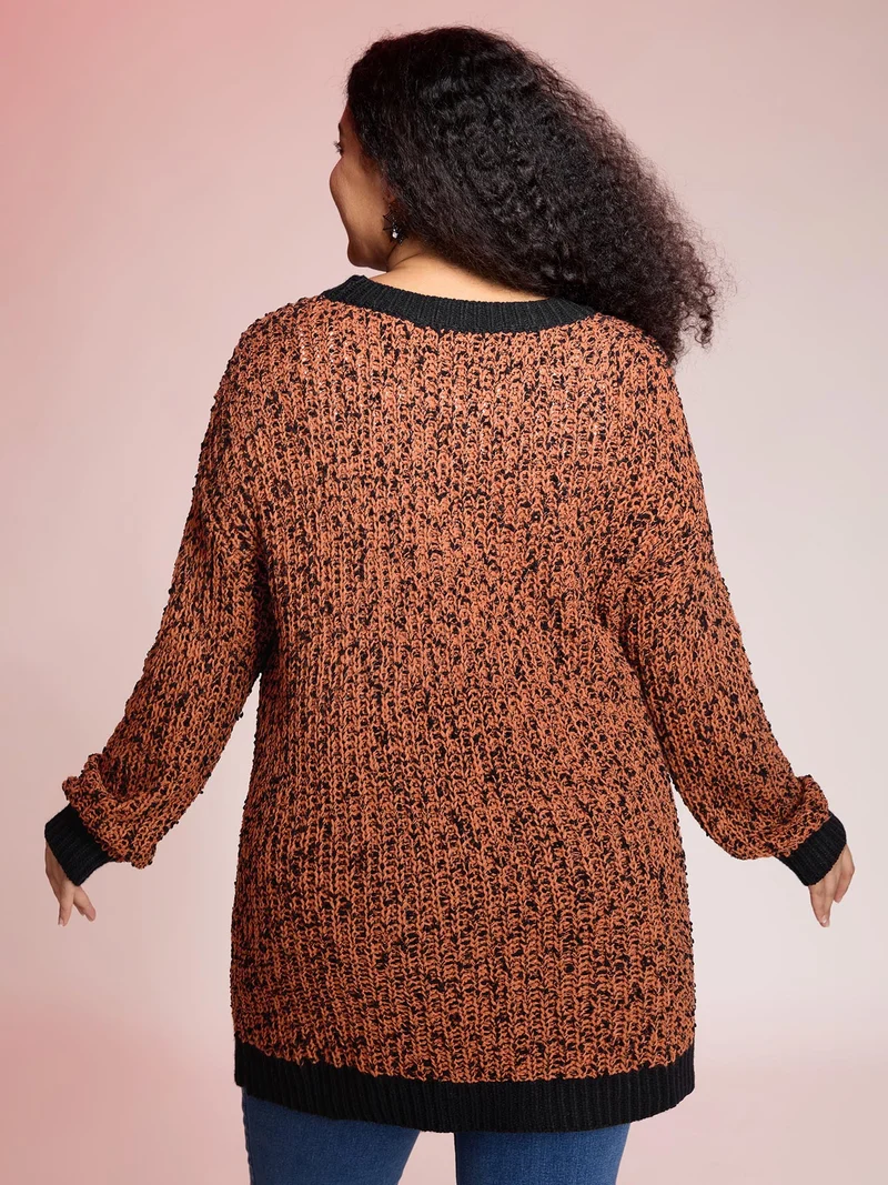 Textured Color Contrast Edges Pockets Cardigan