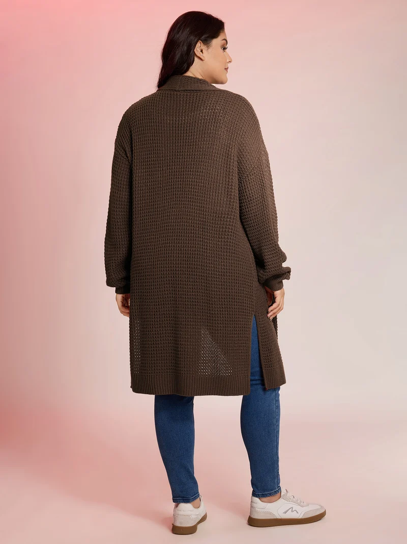 Folded Collar Pockets Slit Knit Cardigan