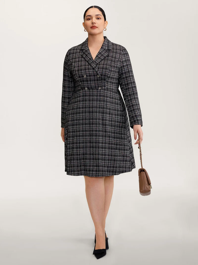 Tweed Stretchy Waist Pockets Midi Dress