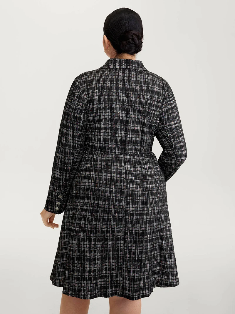 Tweed Stretchy Waist Pockets Midi Dress