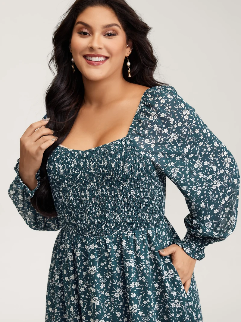 Floral Print Shirred Bodice Maxi Dress