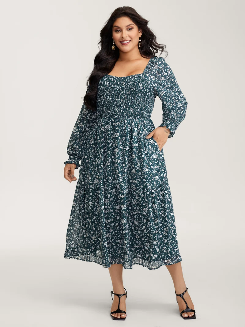 Floral Print Shirred Bodice Maxi Dress