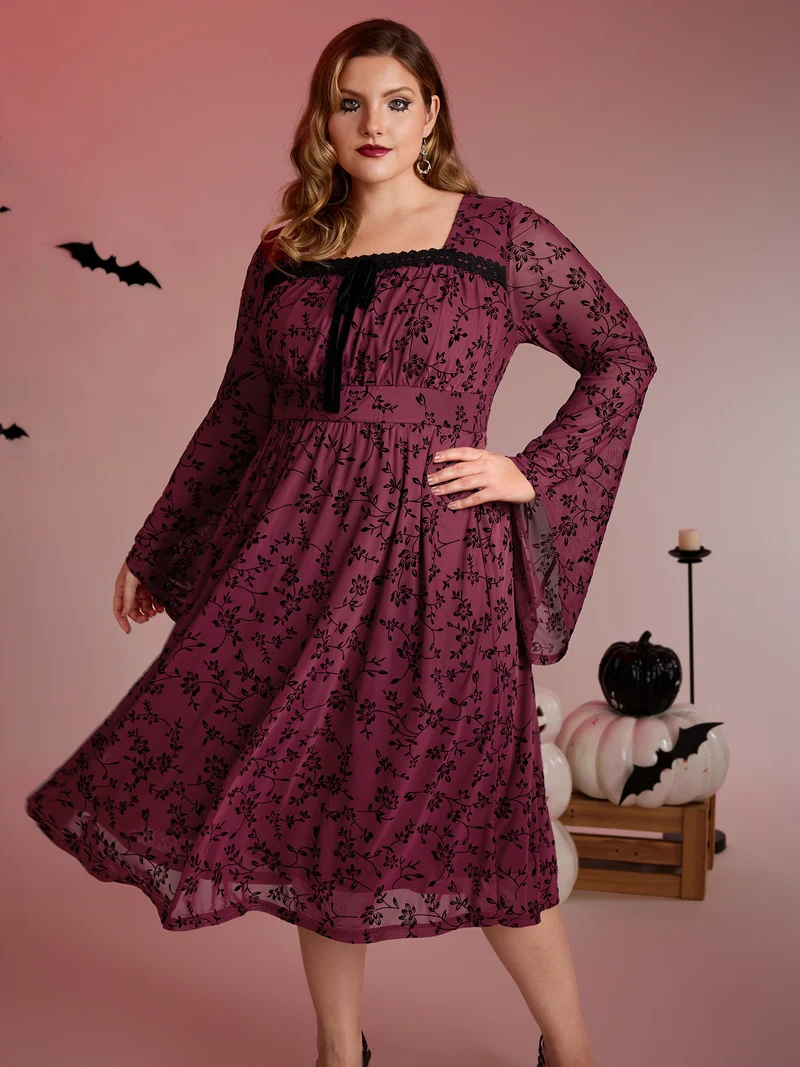 Floral Flocked Lace Cinched-Waist Midi Dress