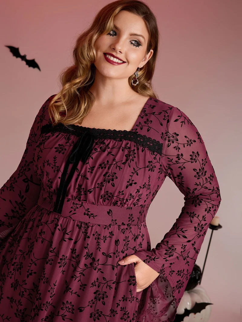Floral Flocked Lace Cinched-Waist Midi Dress
