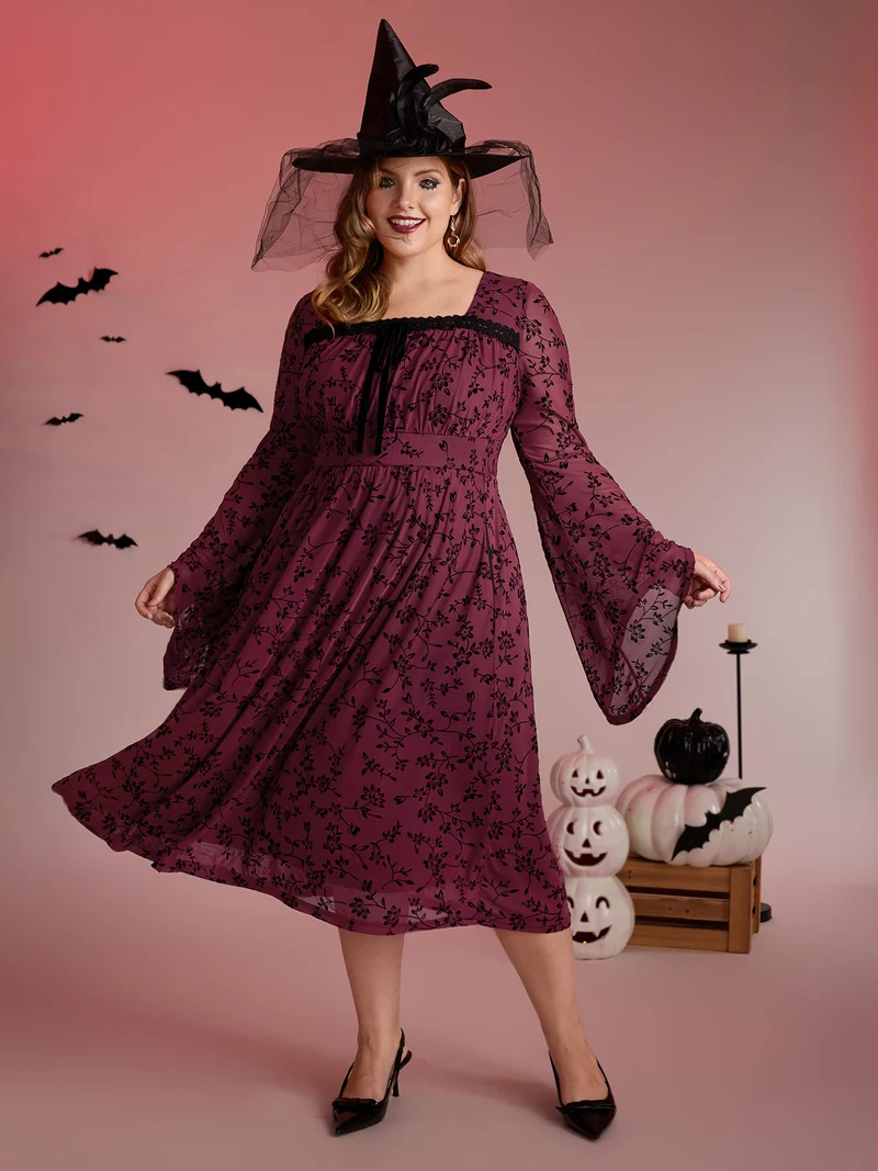 Floral Flocked Lace Cinched-Waist Midi Dress