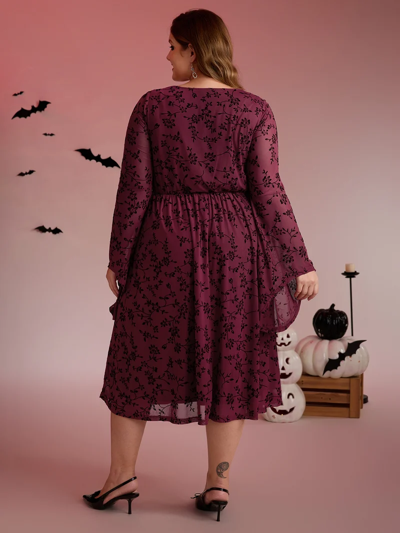 Floral Flocked Lace Cinched-Waist Midi Dress
