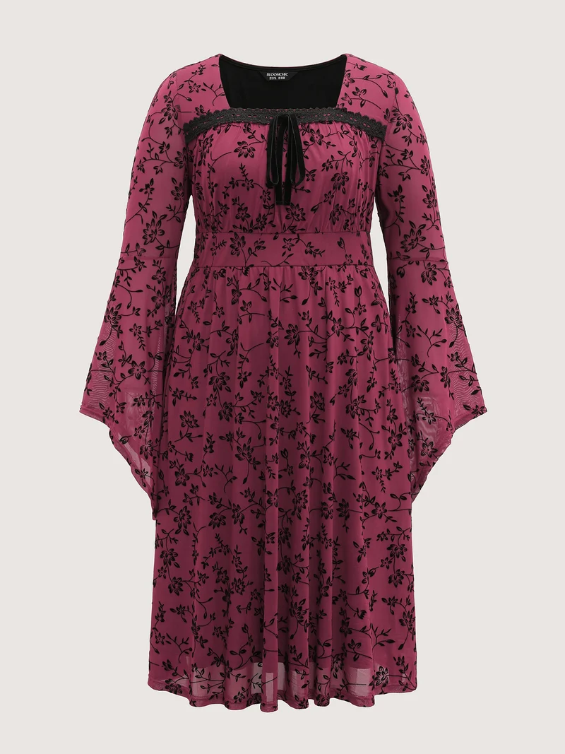 Floral Flocked Lace Cinched-Waist Midi Dress