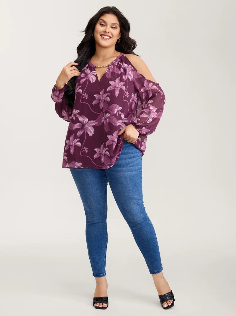 Off-Shoulder Floral Print Metal Detail Blouse