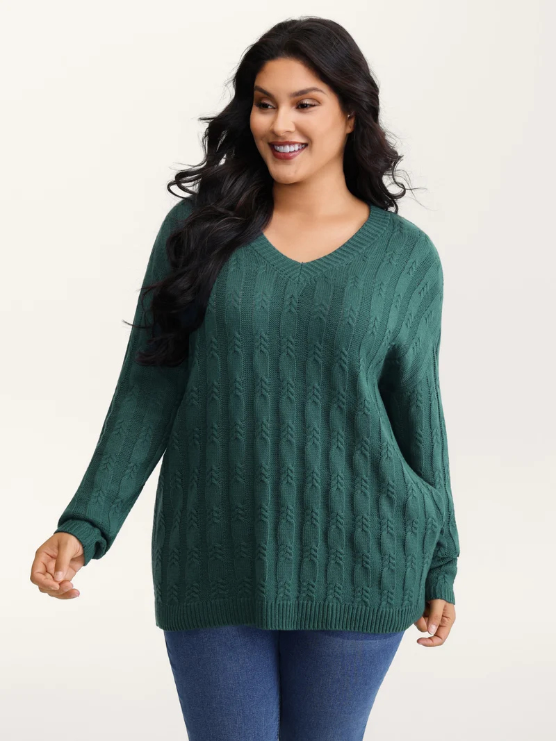 Cable Knit Textured V-Neck Pullover