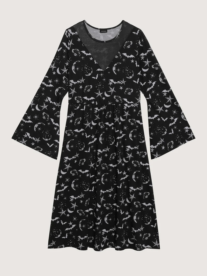 Celestial Halloween Print Sheer Pockets Maxi Dress
