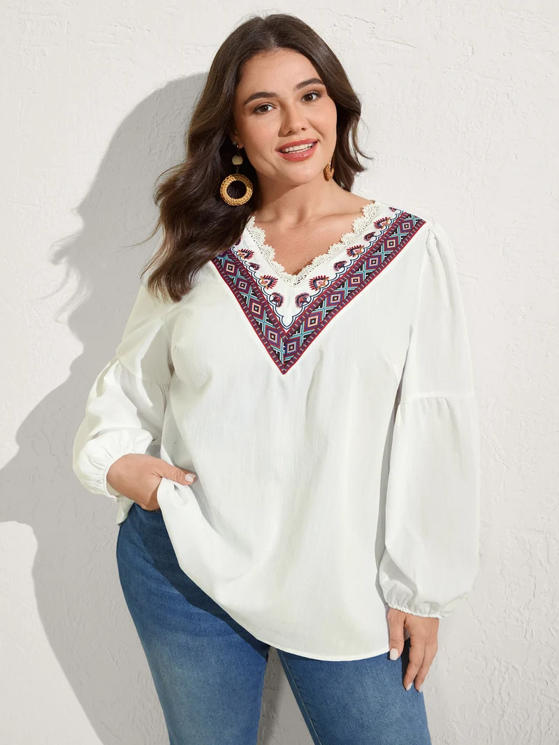 Boho Embroidered Neckline Puffy Sleeve Blouse