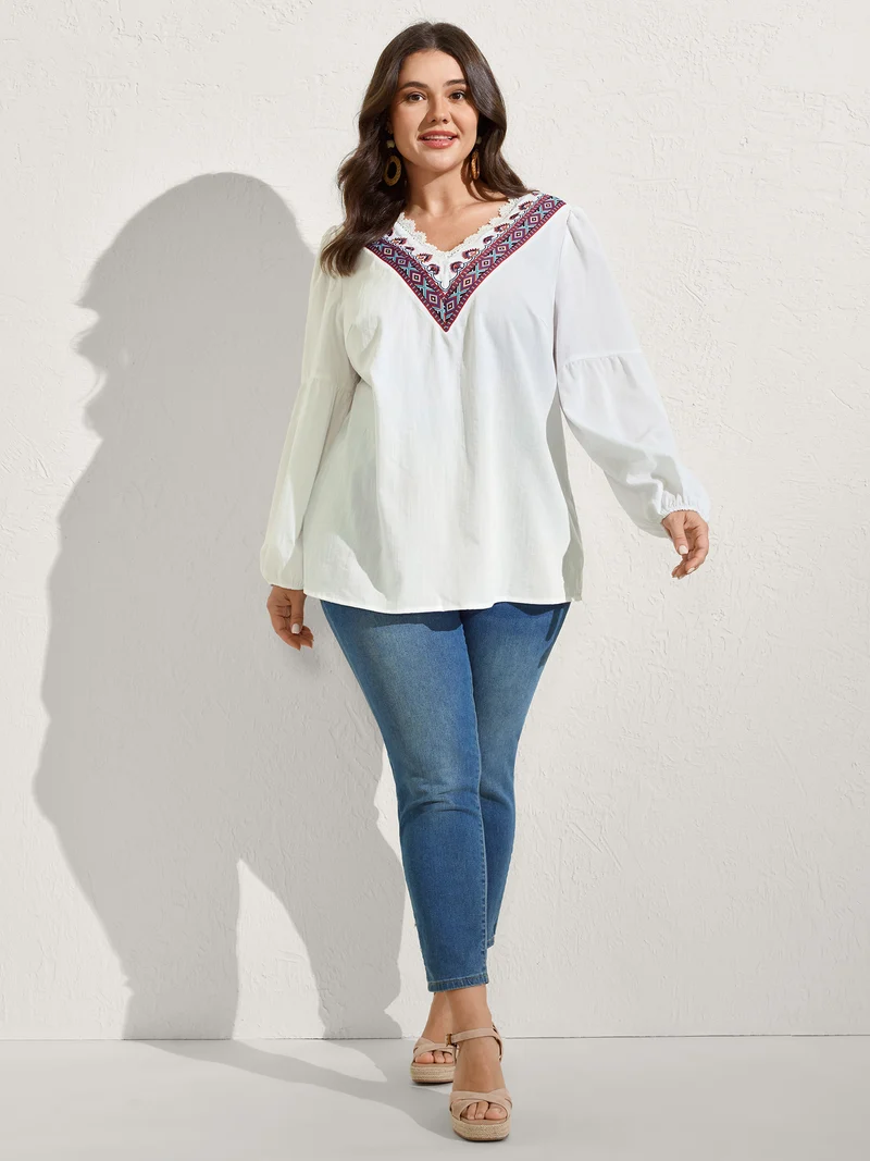 Boho Embroidered Neckline Puffy Sleeve Blouse