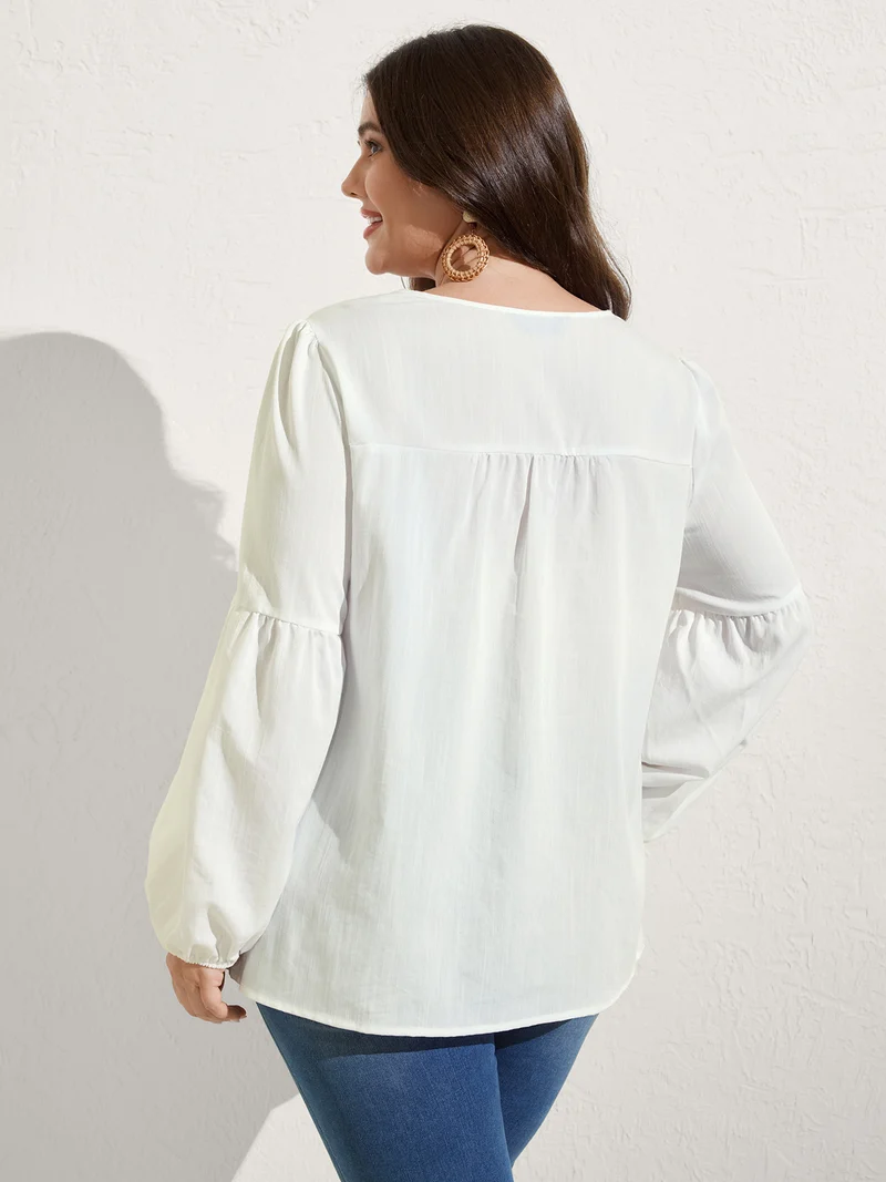 Boho Embroidered Neckline Puffy Sleeve Blouse