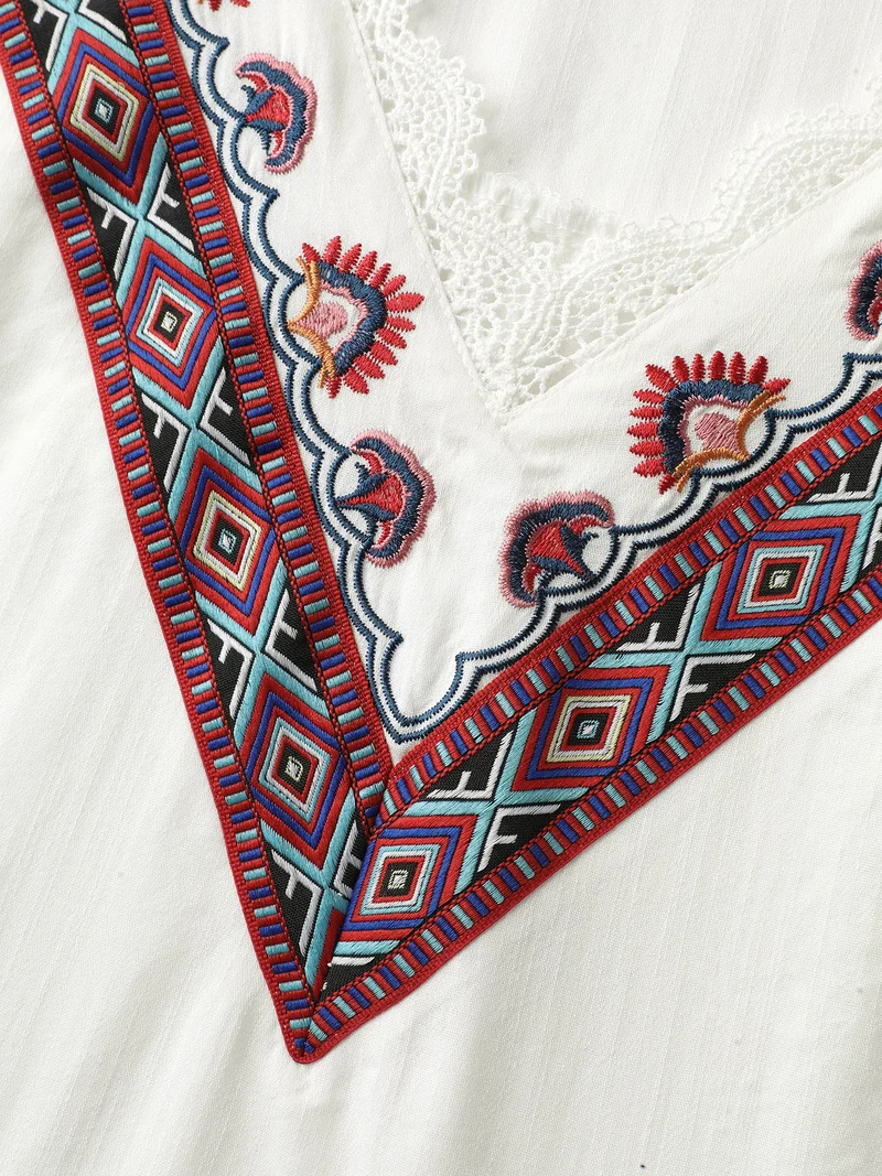Boho Embroidered Neckline Puffy Sleeve Blouse