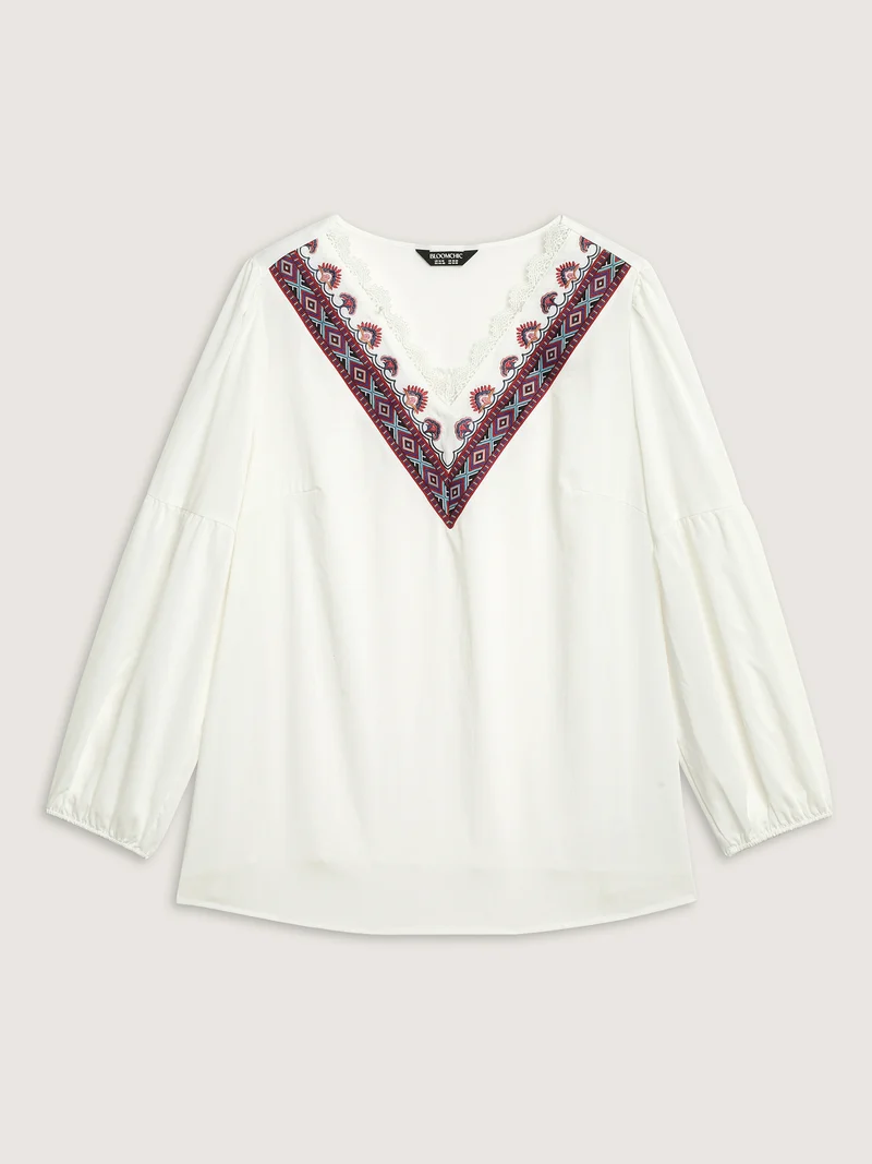 Boho Embroidered Neckline Puffy Sleeve Blouse