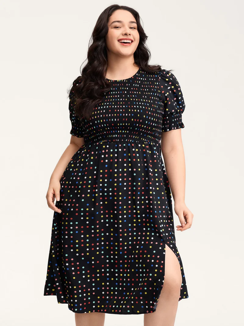 Colorful Polka Dots Shirred Bodice Midi Dress