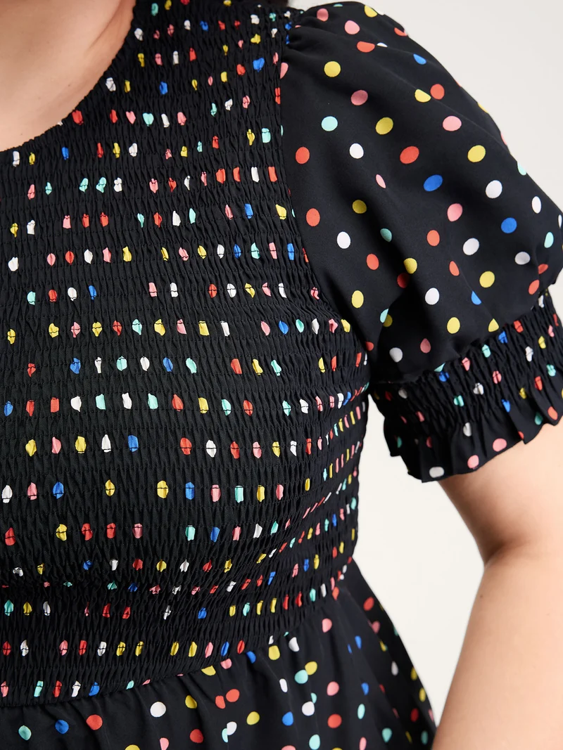 Colorful Polka Dots Shirred Bodice Midi Dress