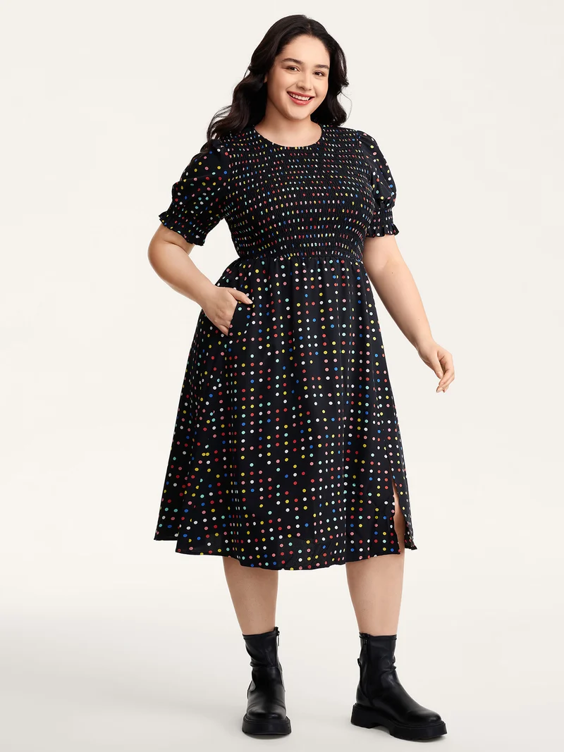 Colorful Polka Dots Shirred Bodice Midi Dress