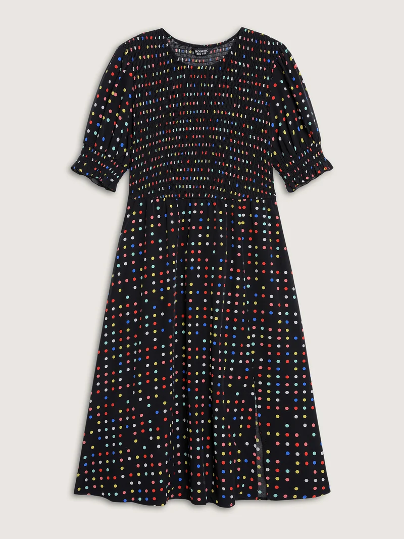 Colorful Polka Dots Shirred Bodice Midi Dress