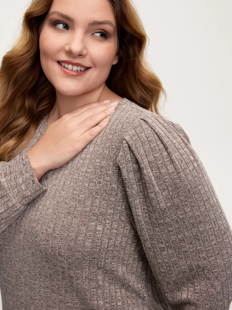 Ribbed Puffy Sleeve Knee-Length Sweater Dress