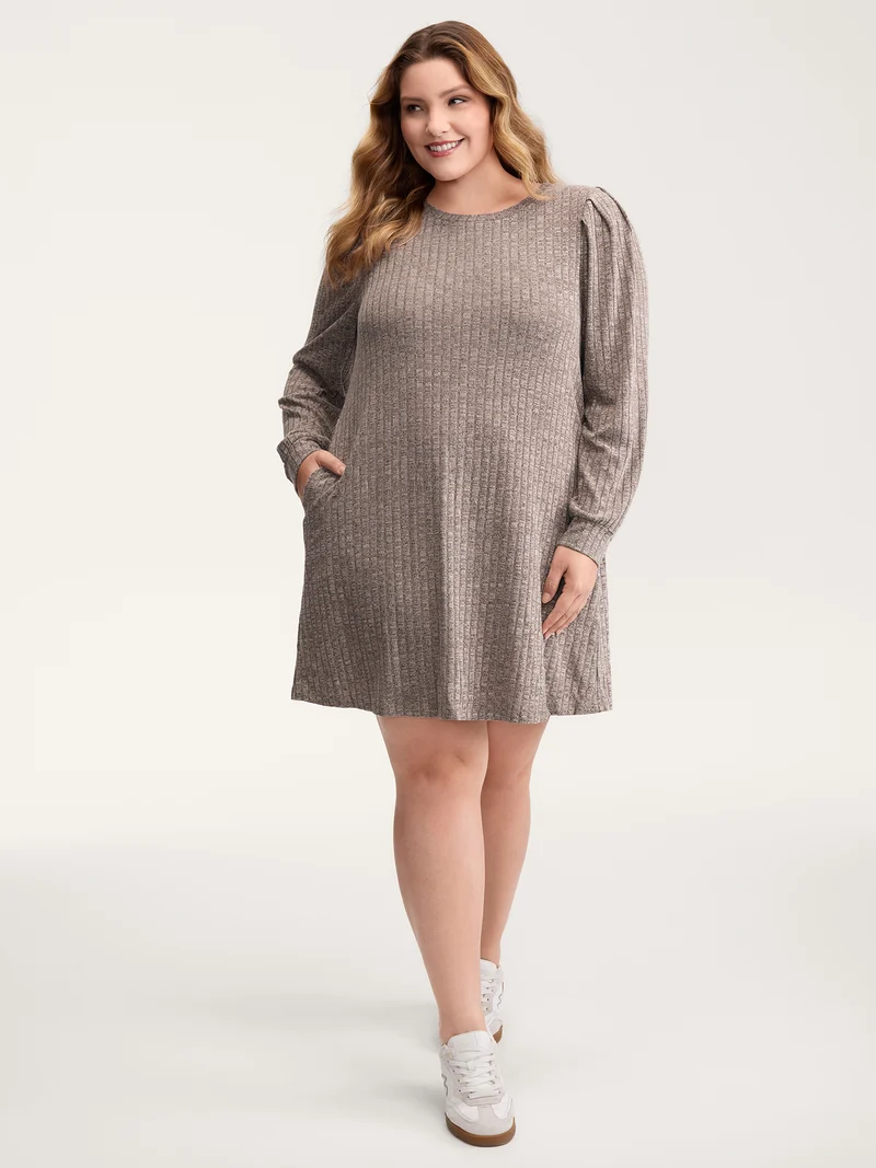 Ribbed Puffy Sleeve Knee-Length Sweater Dress