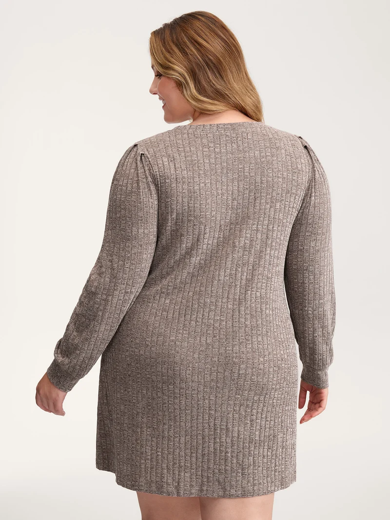 Ribbed Puffy Sleeve Knee-Length Sweater Dress