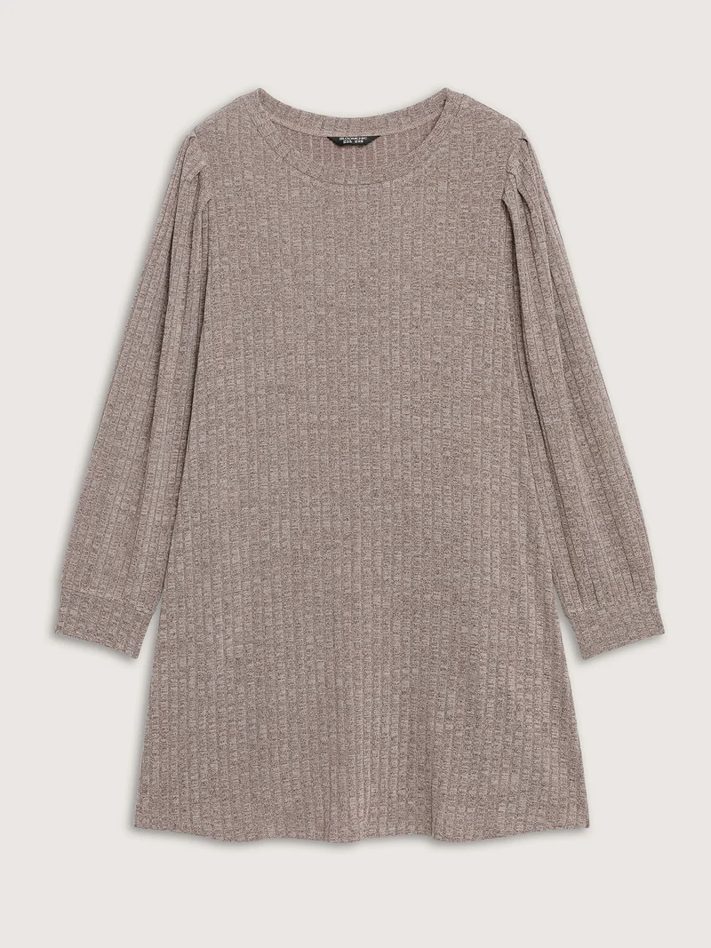Ribbed Puffy Sleeve Knee-Length Sweater Dress