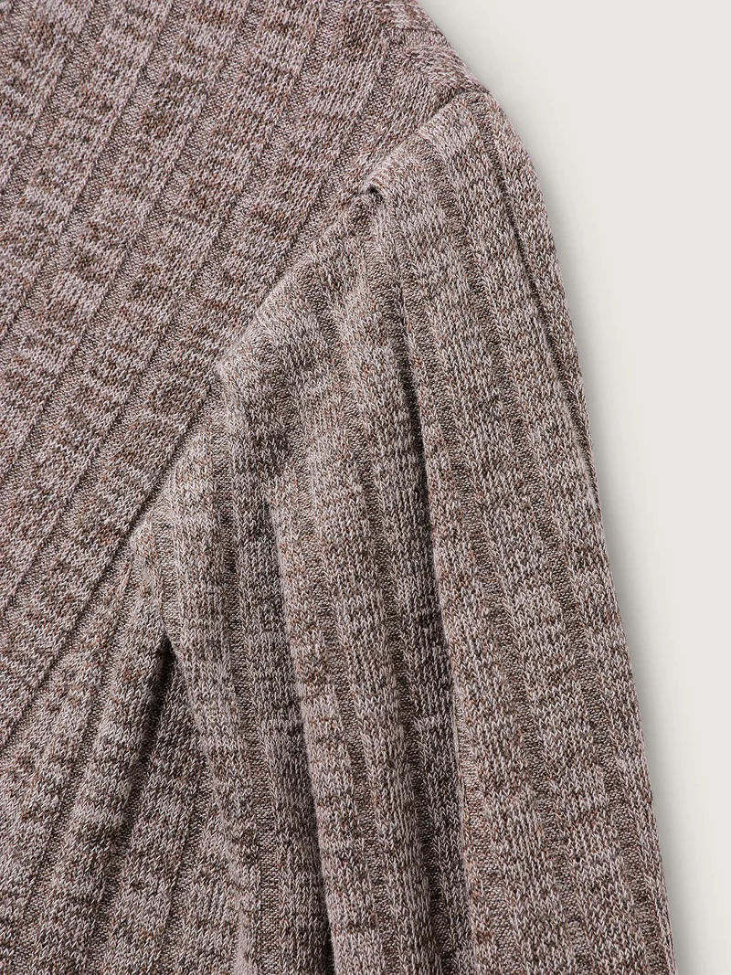 Ribbed Puffy Sleeve Knee-Length Sweater Dress