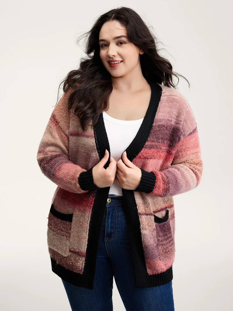 Heather Pockets Contrast Open-Front Cardigan