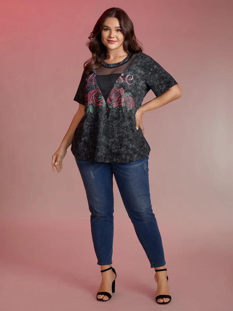 Midnight Rosy Print Sheer Neckline T-Shirt