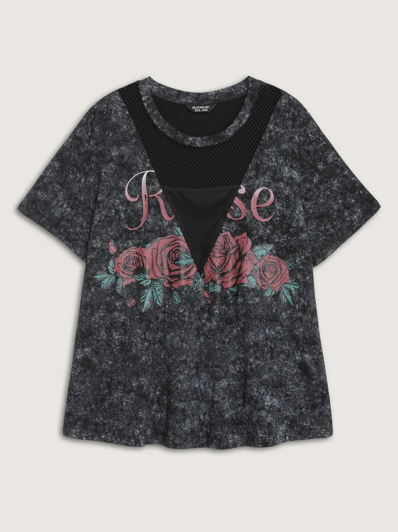 Midnight Rosy Print Sheer Neckline T-Shirt