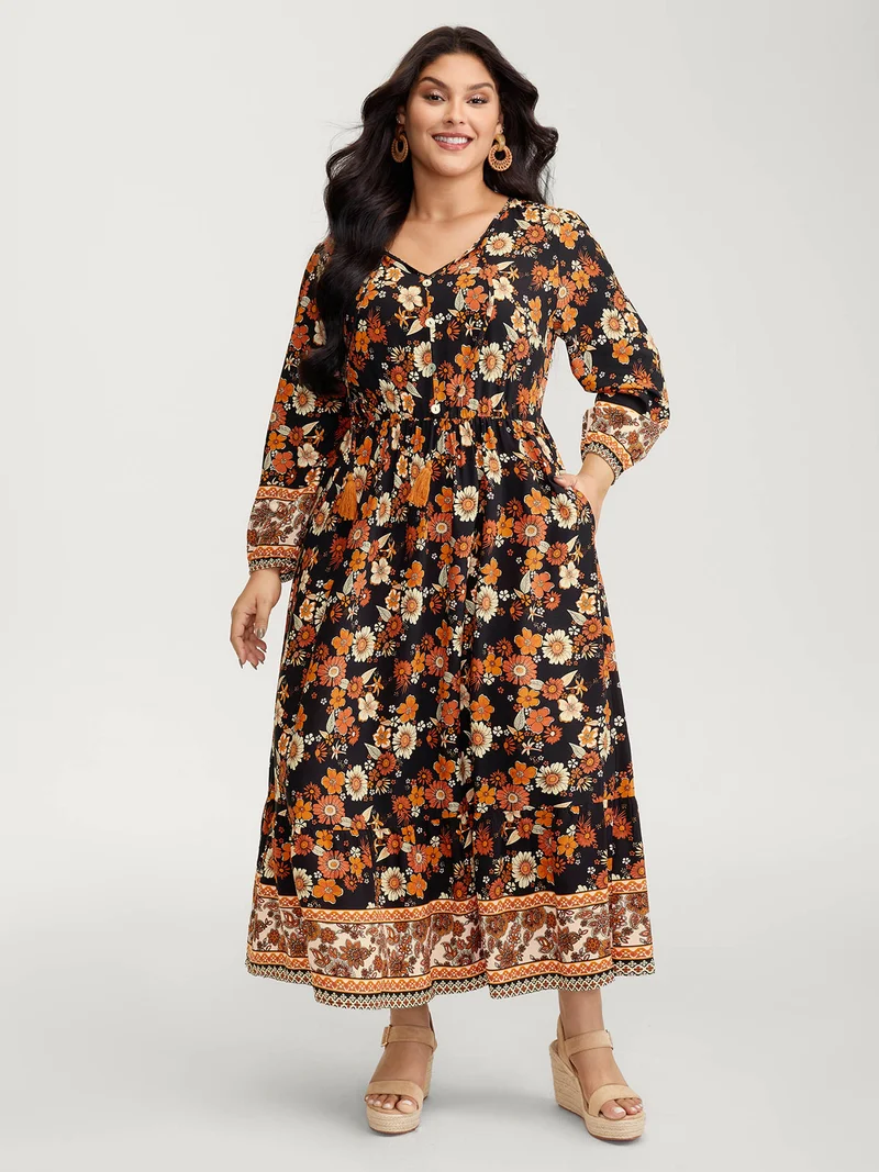 Floral Stretchy Waist Neck-Tie Maxi Dress