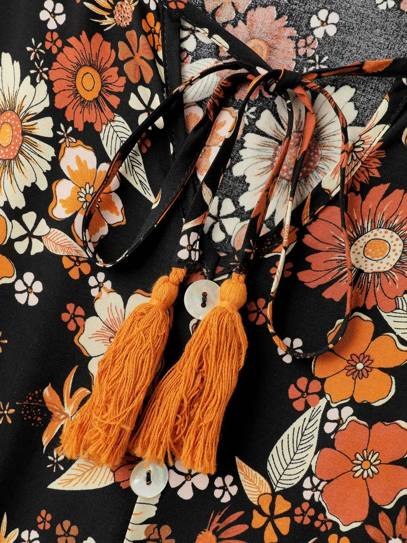 Floral Stretchy Waist Neck-Tie Maxi Dress