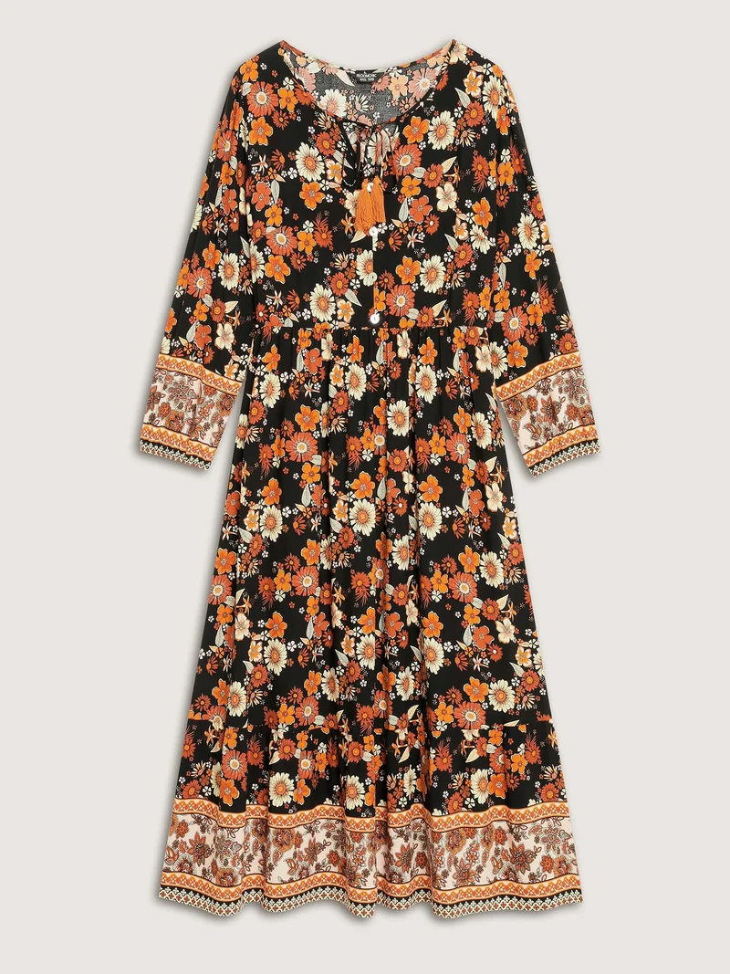 Floral Stretchy Waist Neck-Tie Maxi Dress
