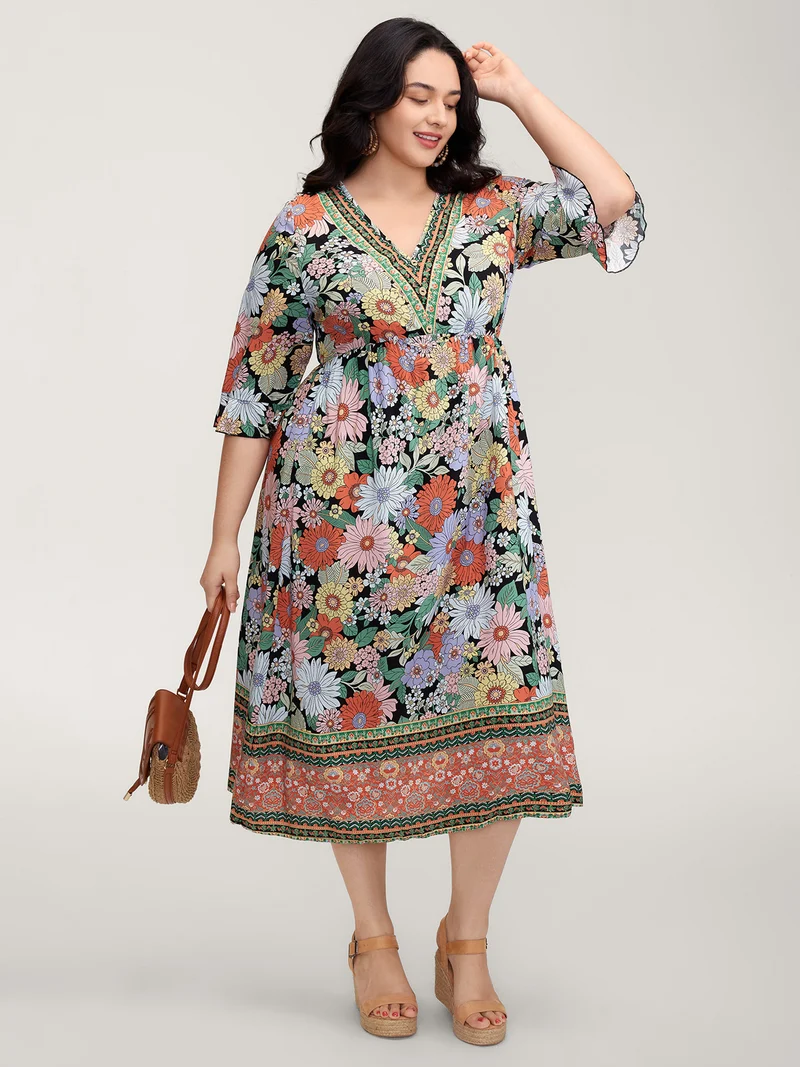 Rayon Floral Print V-Neck Maxi Dress