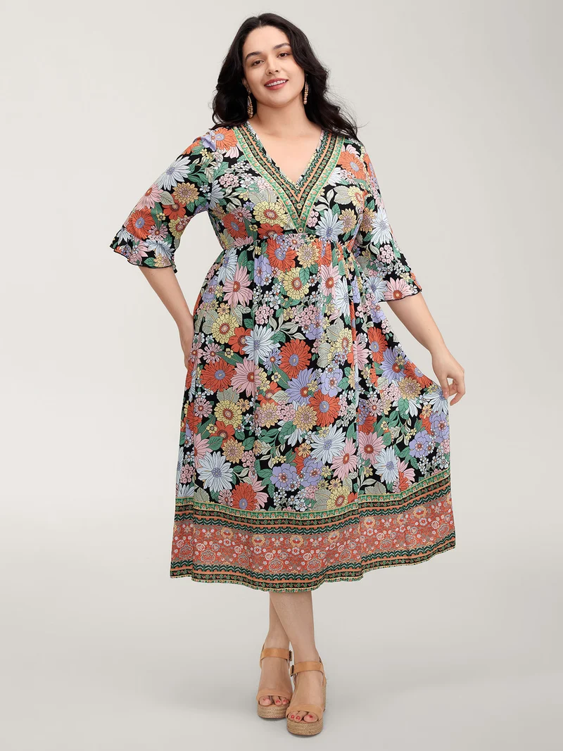 Rayon Floral Print V-Neck Maxi Dress