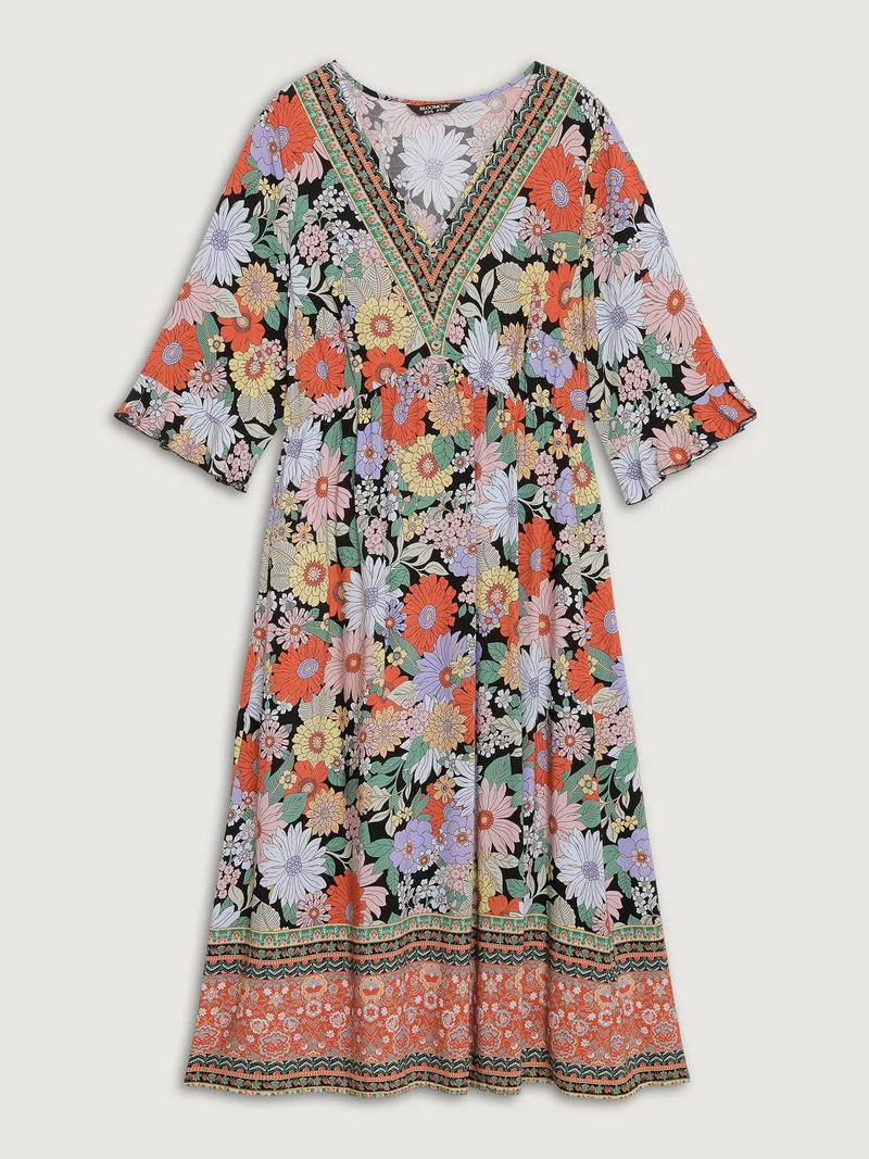 Rayon Floral Print V-Neck Maxi Dress