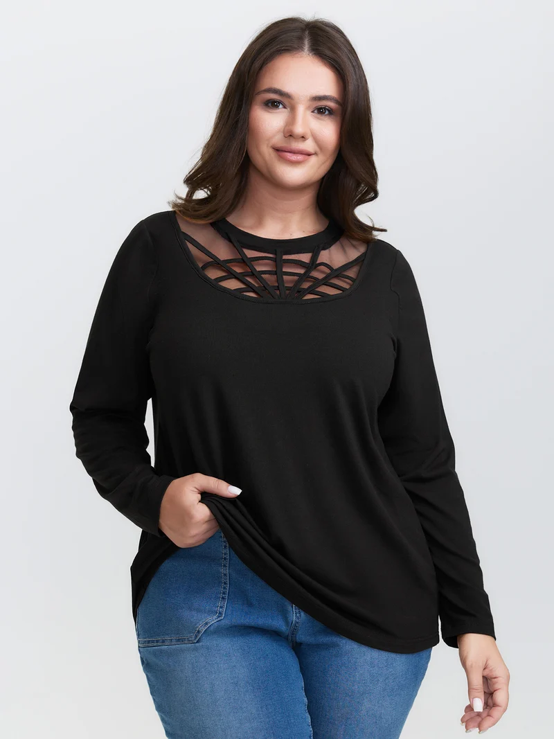 Spiderweb Cut-Out Neckline Fitted T-Shirt