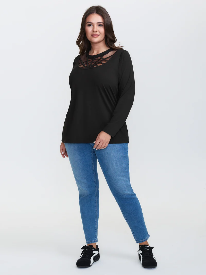 Spiderweb Cut-Out Neckline Fitted T-Shirt