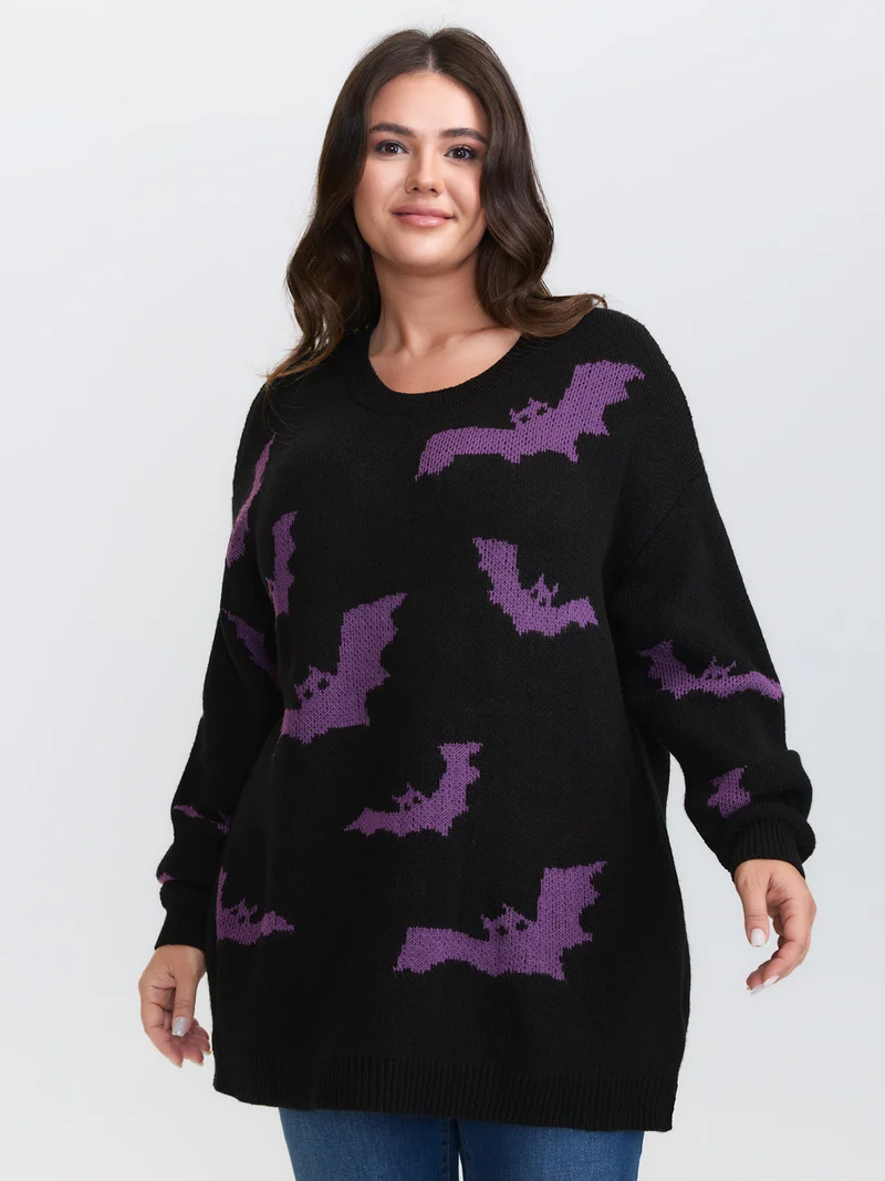 Bat Pattern Ribbed Neck Pullover